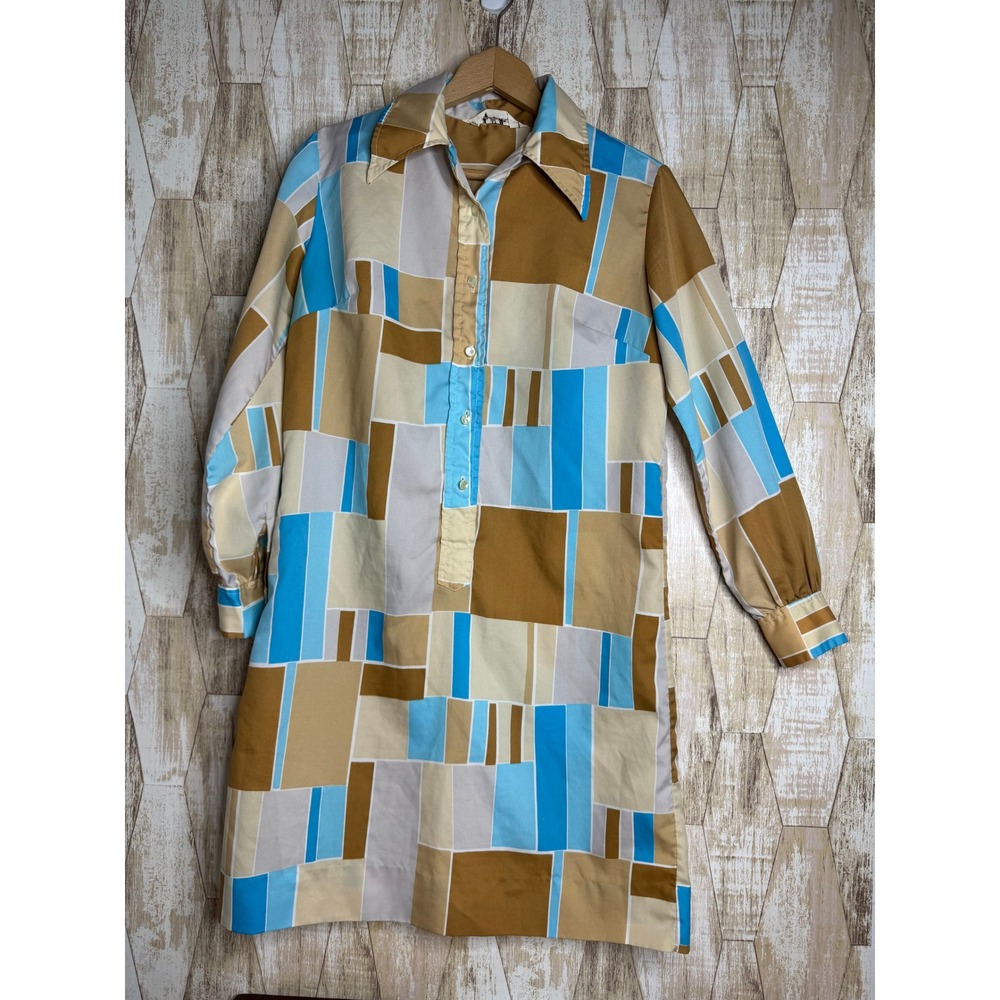 Lady Manhattan Vintage Geometric Mod Shift Dress 70s Retro‎ Shirt Dress Blue Tan